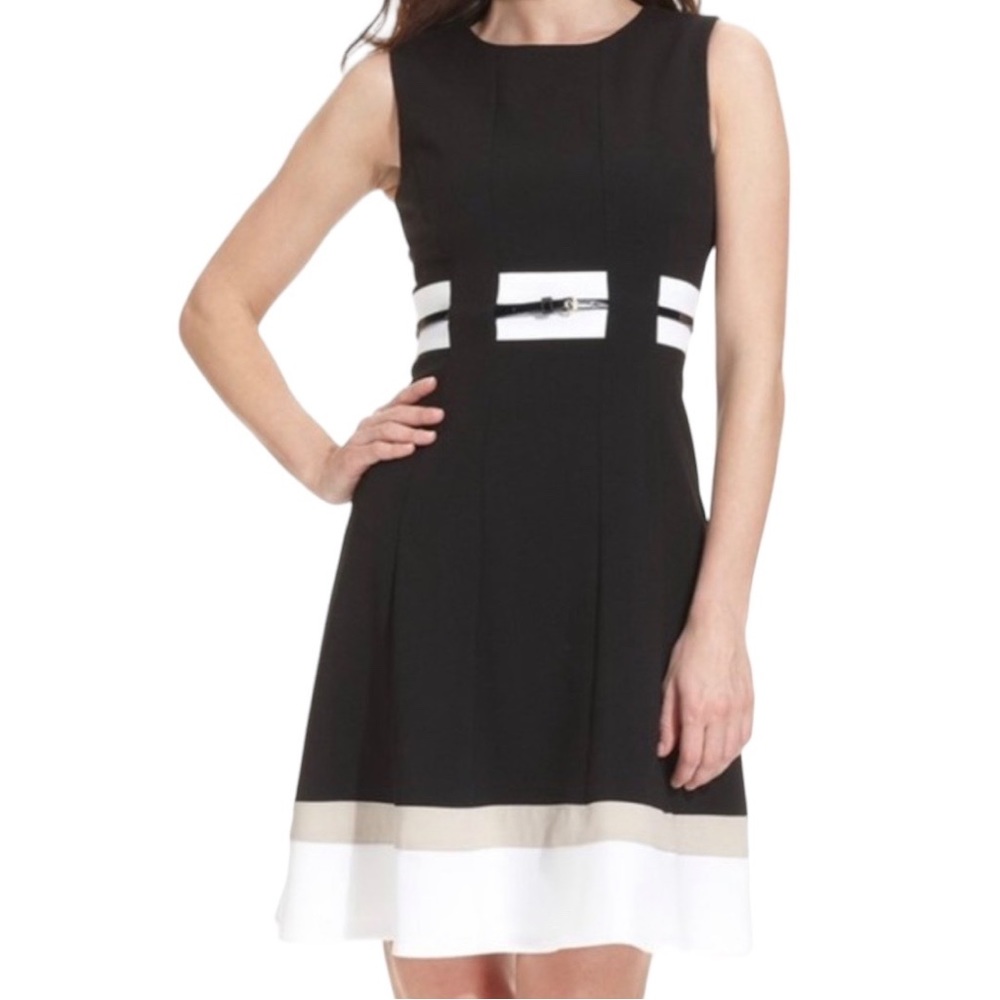 NWT Calvin Klein Sheath Black White Tan Color Block Sleeveless Dress Size 6